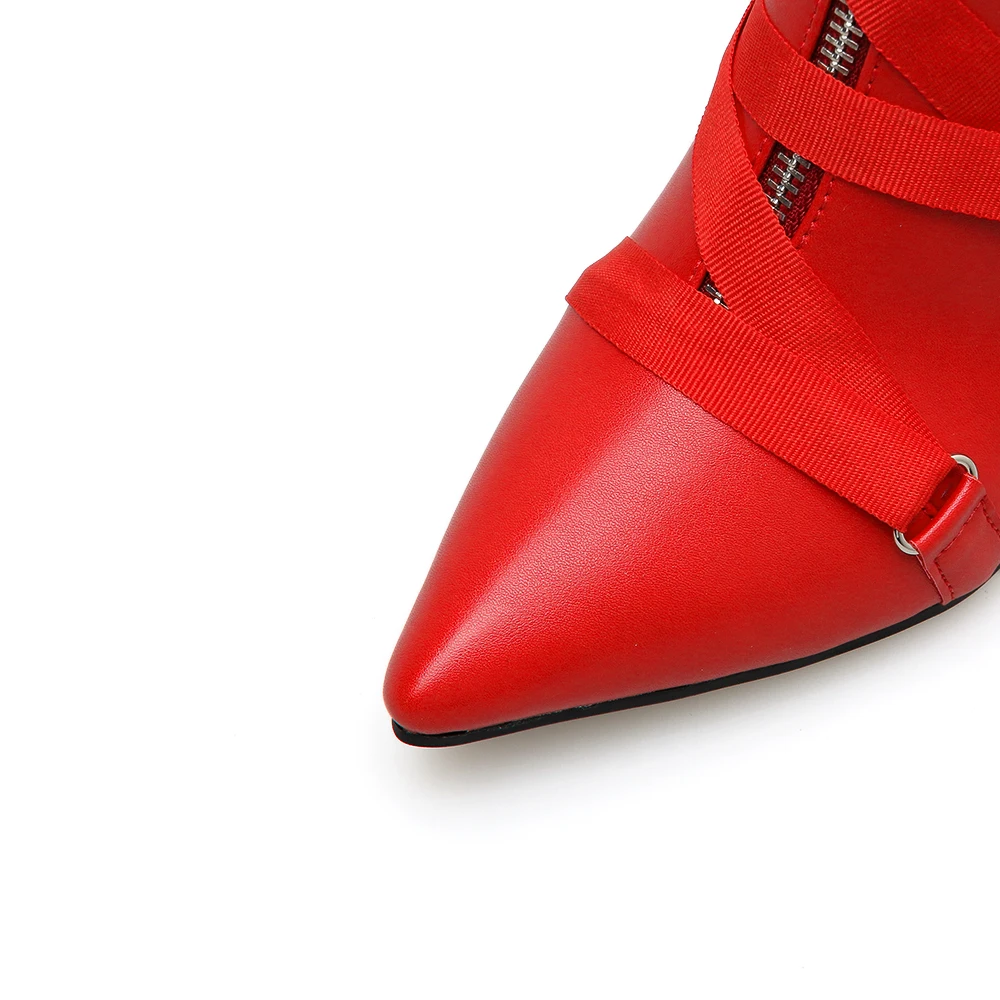 NIUFUNI/; женские ботильоны; модные красные ботинки из искусственной кожи на высоком каблуке с острым носком на молнии с пряжкой; Осенняя обувь; женская обувь; botas mujer