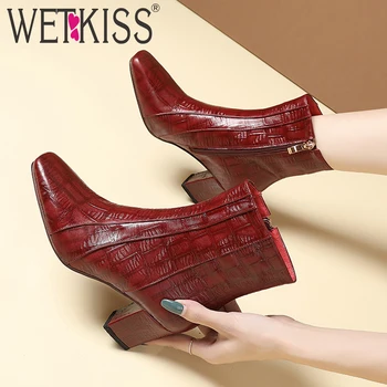 

WETKISS High Heels Ankle Boots Women Emboss Cow Leather Booties Square Toe Shoes Female Party Shoes Ladies Zip Shoes Winter