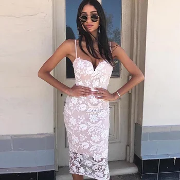 

Summer Bandage Dress 2018 New Style Fashion Spaghteeti Strap Deep V Neck Elegant Black White Lace Night Out Party Dress Vestdios