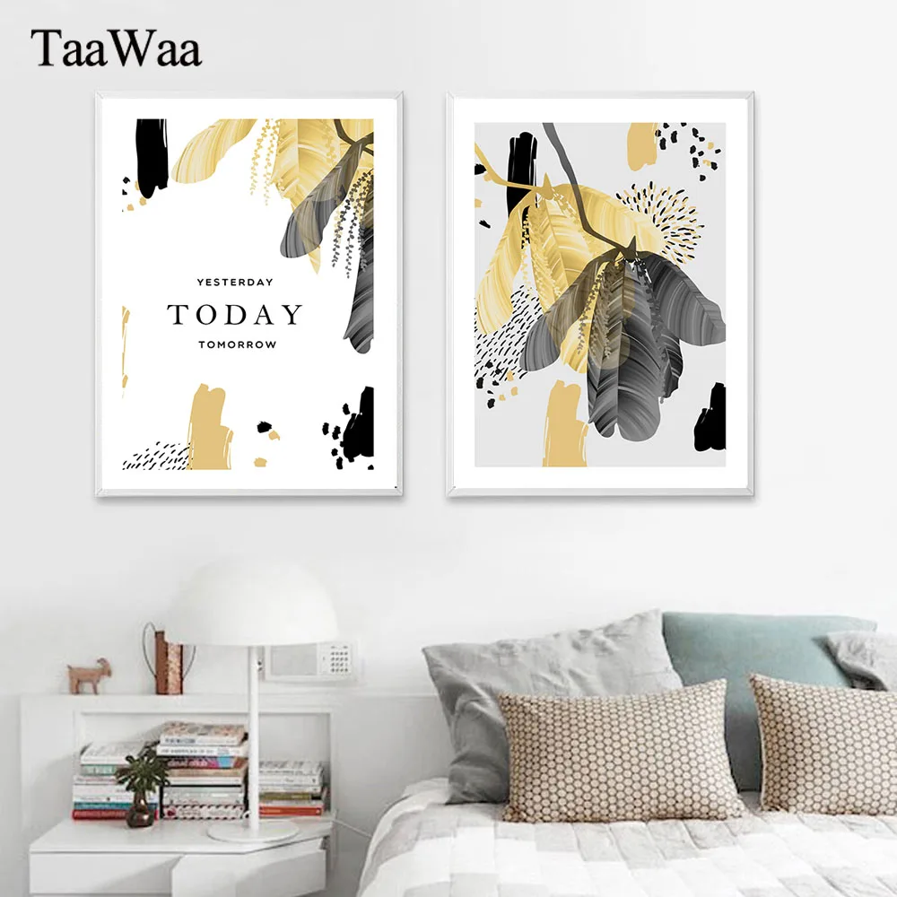 

TaaWaa Golden Leaf Plant Poster And Prints Pictures Abstract Modern Canvas Wall Art Minimalist Painting For Living Room Decor
