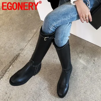 

EGONERY woman shoes winter new concise casual handmade genuine leather round toe knee high boots outside low heels ladies shoes