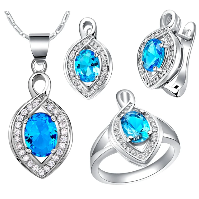 Cute Fashion Silver Jewelry Set For Women S Ring Earrings Cute Fashion Silver Jewelry Set For Women S Ring Earrings Necklace With Bright Blue Red Pink