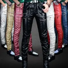 Индивидуальные тонкие мужские брюки из искусственной кожи, мотоциклетные брюки из искусственной кожи, мужские брюки, модные повседневные Панталоны на молнии в стиле панк