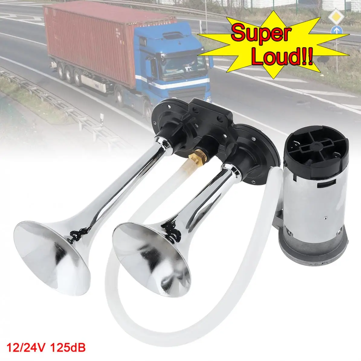 

12V 125DB Super Loud Dual Trumpet Car Air Horn Compressor Kit for Car / Trucks / Boats / Motorcycles / Vehicles