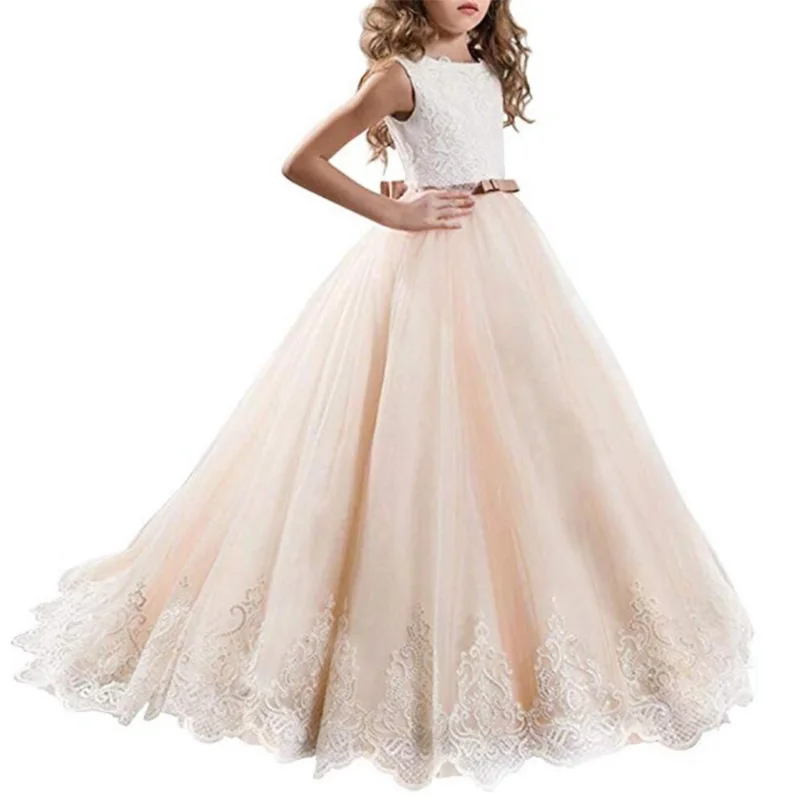Кружевное платье с цветочным узором для девочек на день рождения, банкет элегантное кружевное платье с бабочками для девочек на свадьбу Одежда для причастия - Цвет: champagne