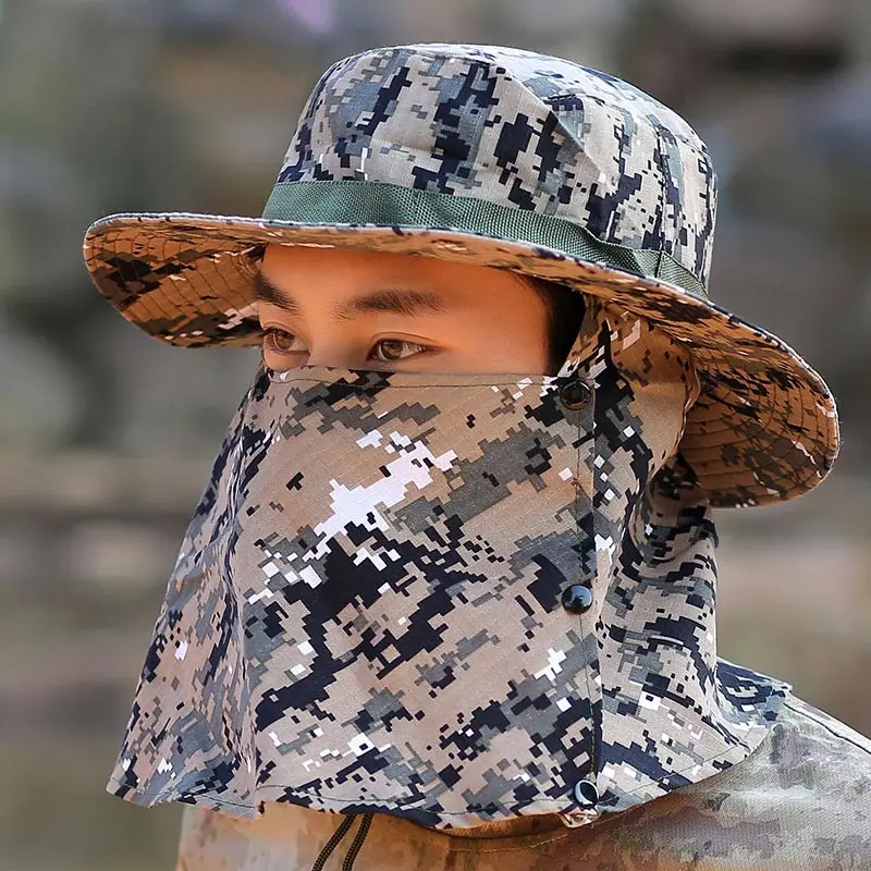 Men Wide Brim Camouflage Cap Outdoor Sun Protection Face Neck Cover Fishing Hat 