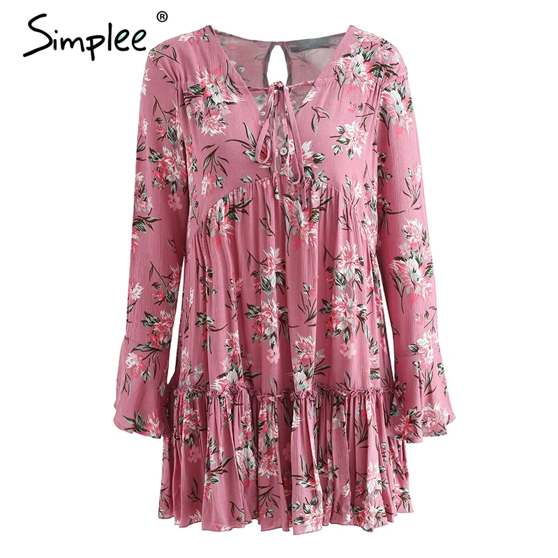 Летнее женское короткое платье Simplee, кружевное свободное гофрированное повседневное платье с длинным рукавом и цветочным принтом, уличная одежда - Цвет: Розовый