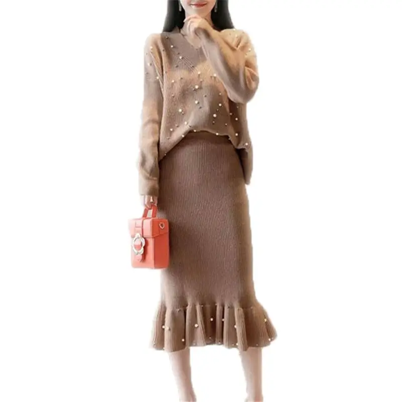 

Women Autumn Winter Fashion Two Piece Suits Knitting Pullover Skirts Female Ruffles V Neck Beading 2 Piece Set Skirt Sweater F42