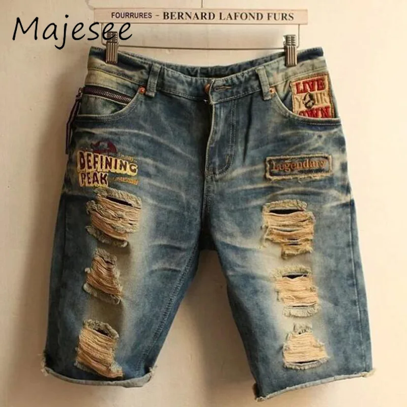 Holes Denim Short Summer Men Casual Shorts Mens Hip Hop Straight Loose Thin Button Chic Pockets