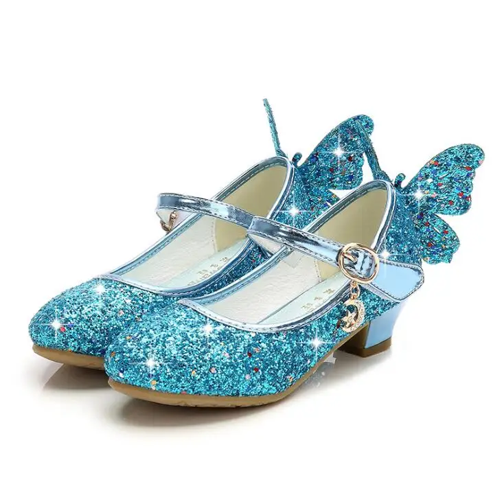 Baratos Niñas zapatos de tacón alto moda niños lentejuelas princesa zapatos mariposa ala fiesta boda niñas baile zapato oro rosa azul plata