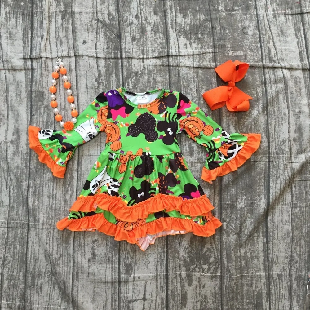 

Halloween pumpkin dress baby girls long sleeves mouse milk silk pumpkin print orange ruffle Halloween dress with accessories