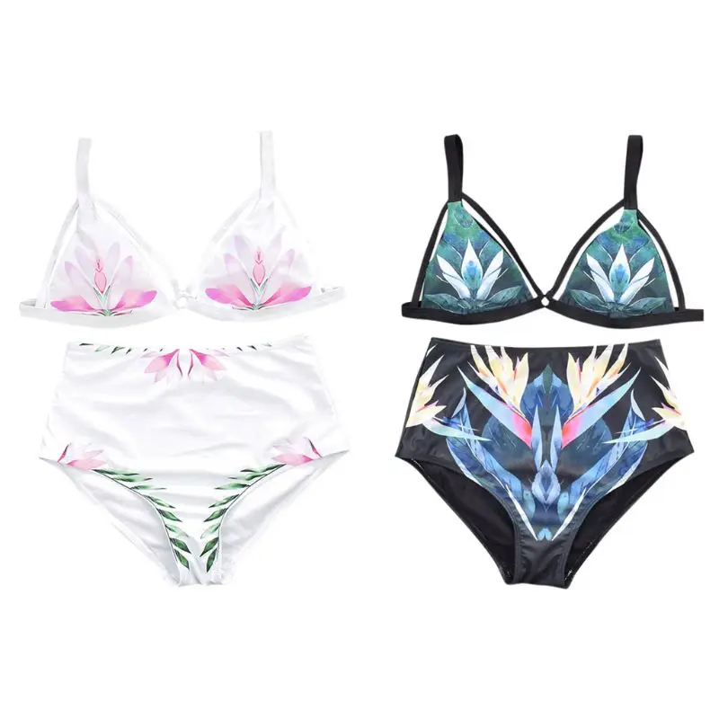 

Women Sexy Two Piece Bikini Set Deep V-Neck Hollow Out Strappy Bra Bohemian Vintage Flower Printed Swimsuit High Waist Beachwear
