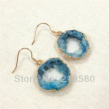 H-CE29 Исцеление Кристалл синий Агат срез жеоды друзы Висячие серьги золотой цвет
