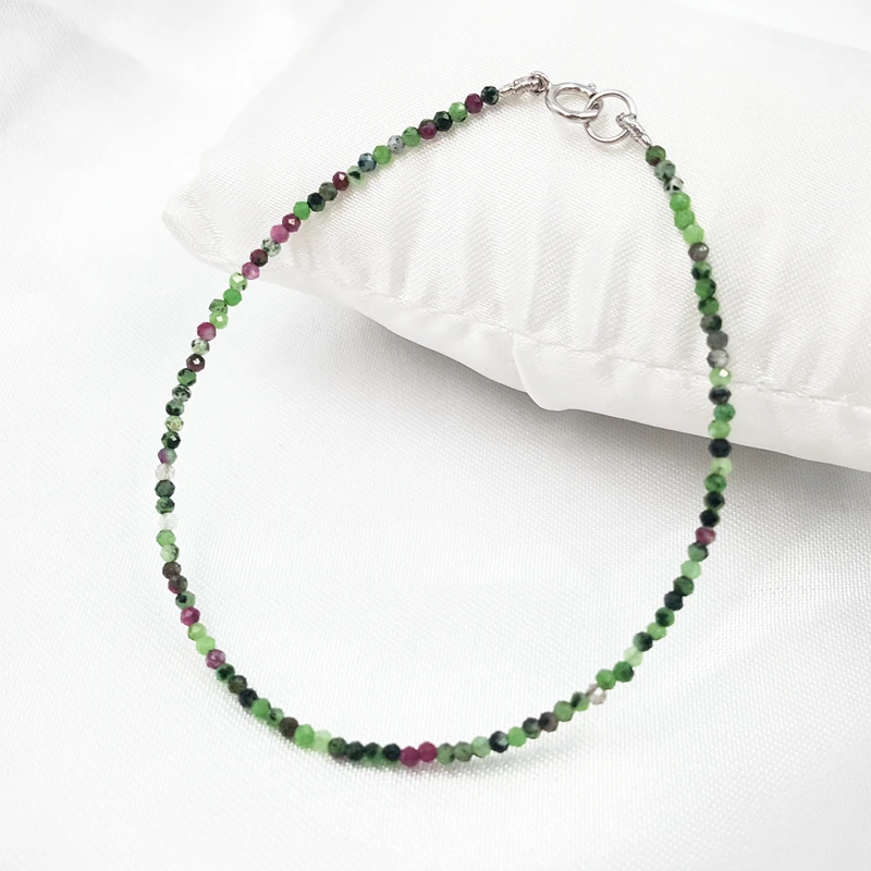 

Natural Stone Anyolite Rubys Zosite Approx 3-4mm Faceted Beads 925 Sterling Silver Bracelet 7''-8''