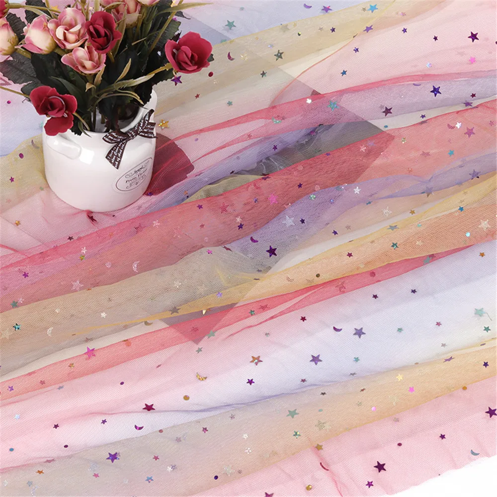 5m/lot 1.5m Width Rainbow Moon&star&love Heart Mesh Fabric Gauze Tulle Tissue Kids Tutu Dress Fabric DIY Sewing Accessories