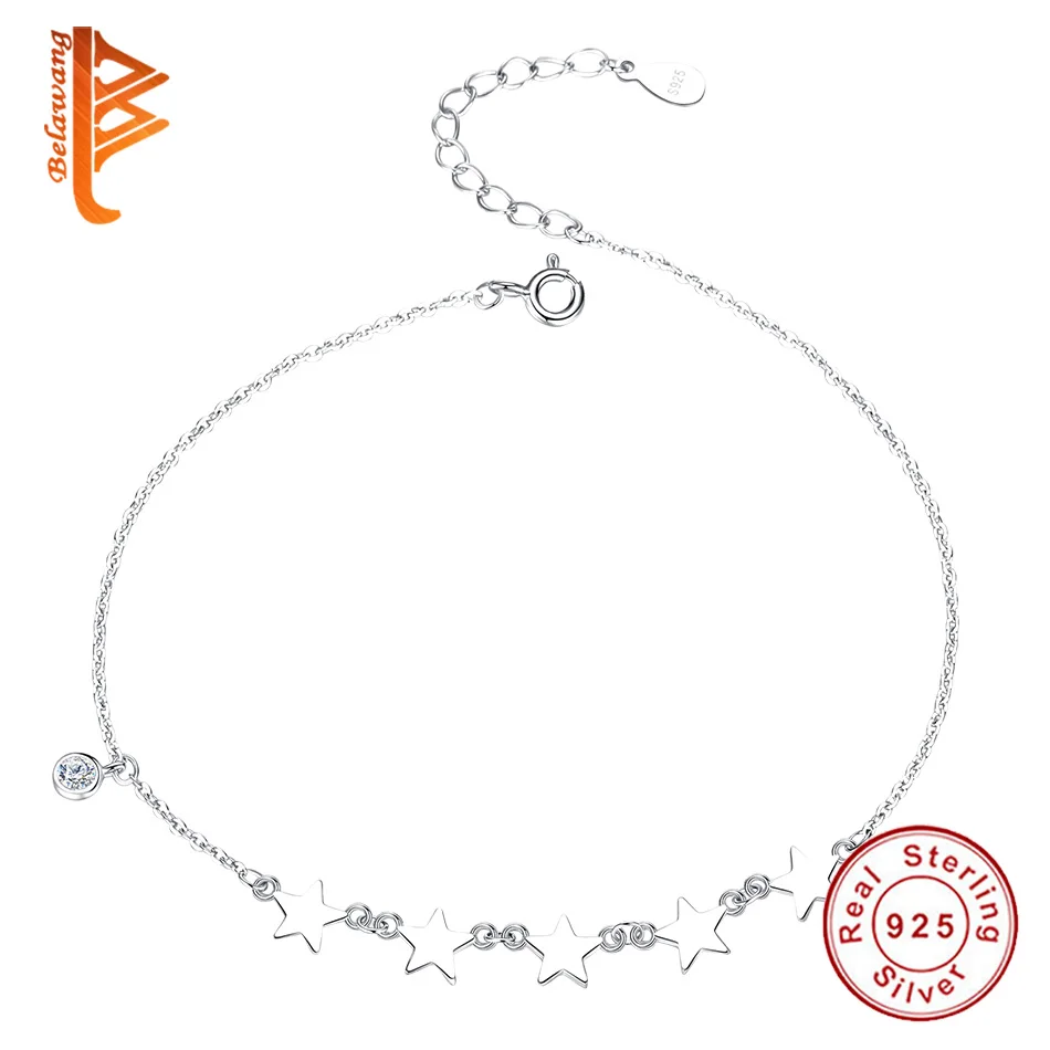 

BELAWANG Authentic 925 Sterling Silver Whisper of Star Anklet with Clear CZ Crystal Round Anklet for Women Luxury Silver Jewelry