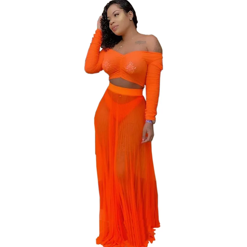 Неоновый оранжевый сексуальный комплект одежды из 2 предметов для женщин, короткий топ с длинными рукавами и круглым вырезом+ пляжные длинные юбки, прозрачный комплект из двух предметов - Цвет: Orange