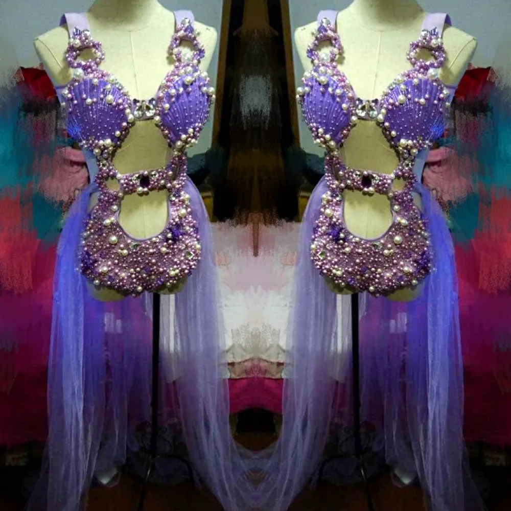 Purple Shell Pearl Crystals Bodysuit Three Piece Sets Shining Crystals 