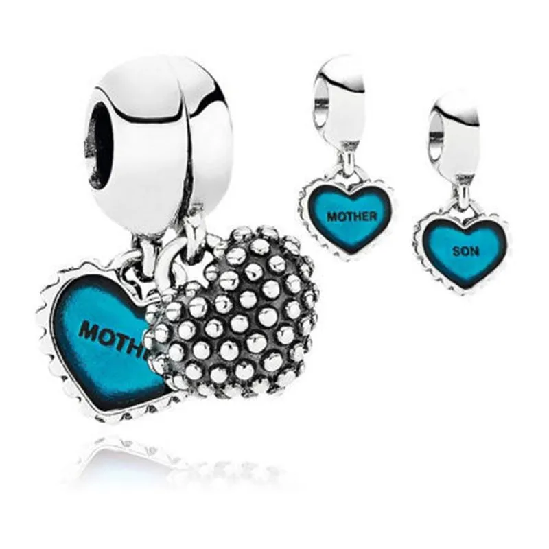 

Wholesale 925 Silver Threaded Charms Mother and son Blue love heart Silver beads Fits Bracelet & Necklace Women DIY Jewelry