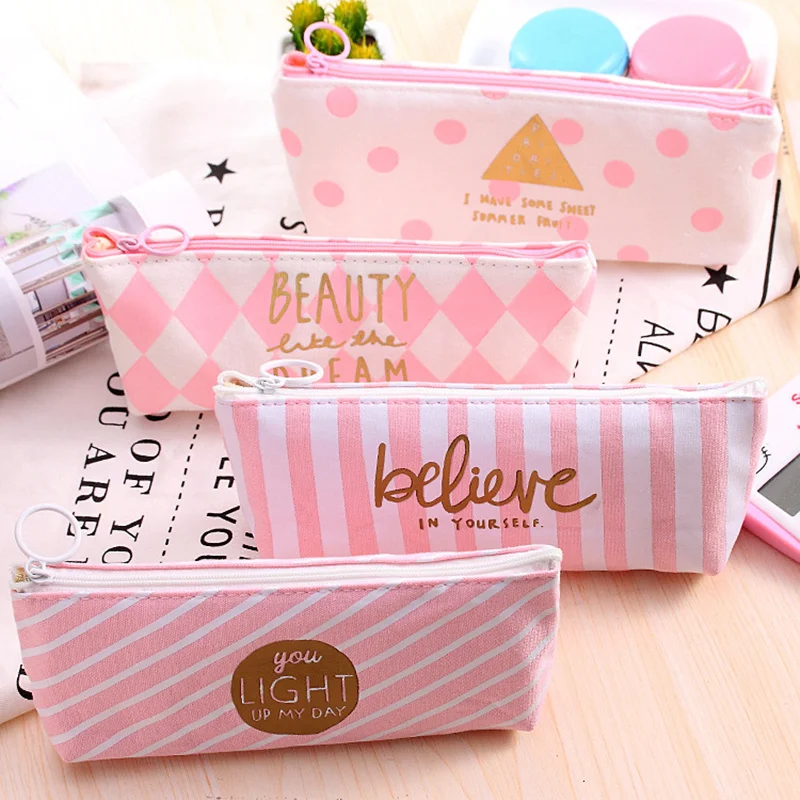 

Kawaii Pencil Case Canvas Pen Box for school Pink Pen bag Cute Dot Stripe Pencil Case Korean Stationery School Supplies