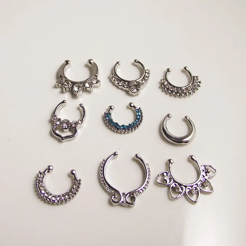

Medical Surgical Steel Titanium Silver Crystal Nostril Fake Nose Ring Fake Septum Hoop Rings Crystal For women