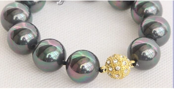 

hot sell909523 8" 16mm round peacock black south sea shell pearls Bracelet magnet clasp 2pc