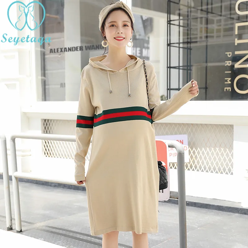 

1902# 2018 Autumn Fashion Knitted Maternity Dress Large Size Loose Clothes for Pregnant Women Spring Hoodied Pregnancy Clothing