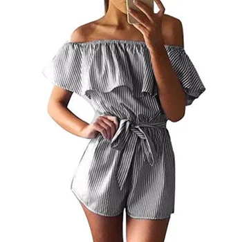 

Summer Women Striped Jumpsuits Ruffles Slash Neck Beach Playsuits Girls Sexy Casual Playsuit Overalls with Belts Femininos