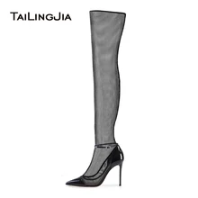 Sexy High Heel Black Stretch Mesh Sock Boots Pointed Toe Over The Knee High Boots Stiletto Heel Sandals Summer Shoes 2018 luxury brand shoes women mid calf sock purple stretch high heel slim designer pointed toe sexy slip on candy stiletto boots