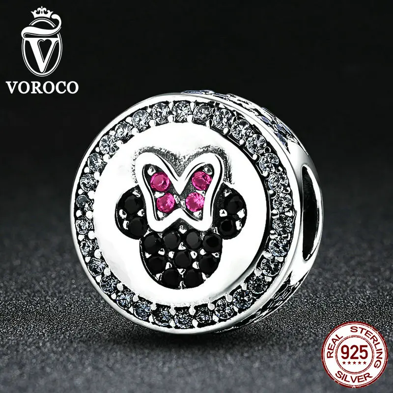 VOROCO Classic 925 Sterling Silver Bow Knot Minni Cartoon Bead Charms Fit Pandora Bracelets Beads Jewelry