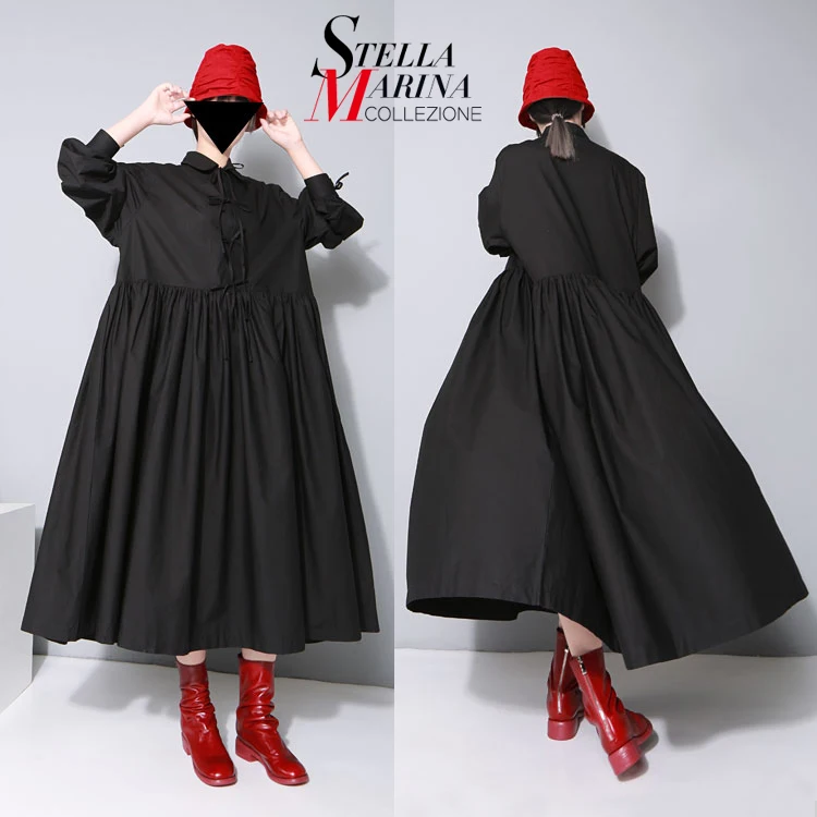 Long black cotton dress with long sleeves and collar