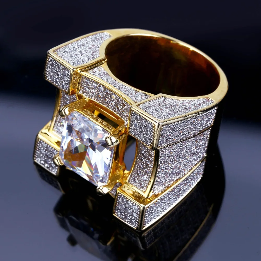 

2019 New Items Hip Hop Iced Out Micro Pave Bling CZ Geometric Big Charms Crystal Ring For Man 5 Size Womens Rings Jewelry