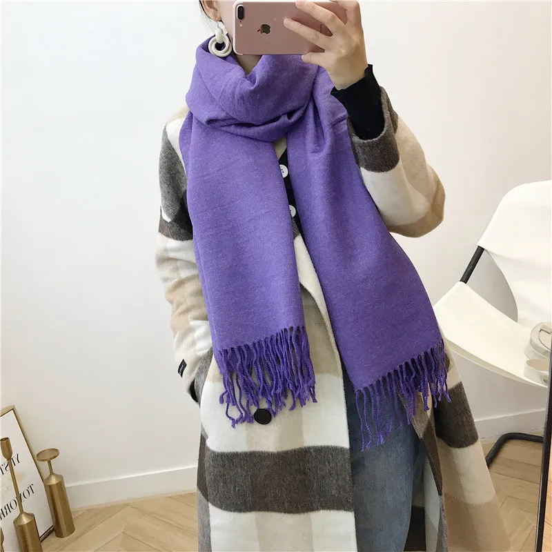 Female new 10 colors tassel scarf monochrome double-sided warm shawl imitation cashmere bib
