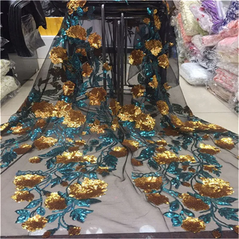 Sequined Party Dress Fabrics African gold green Sequins Mesh Tulle Lace Fabric For Wedding 2019 Fashion Designer Net Material | Дом и сад