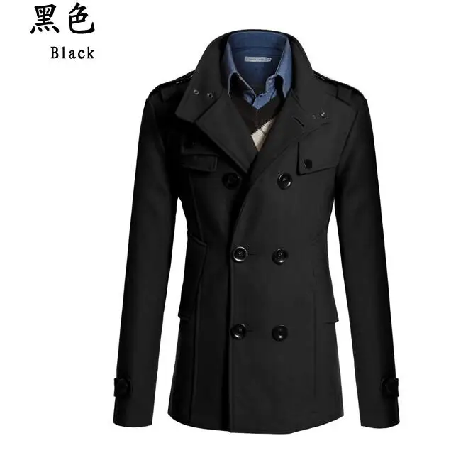Мужские стильные зимние пальто мужские шерстяные смеси Slim fit мужские теплые длинные двубортные шерстяные тренчи пальто куртка - Цвет: Черный