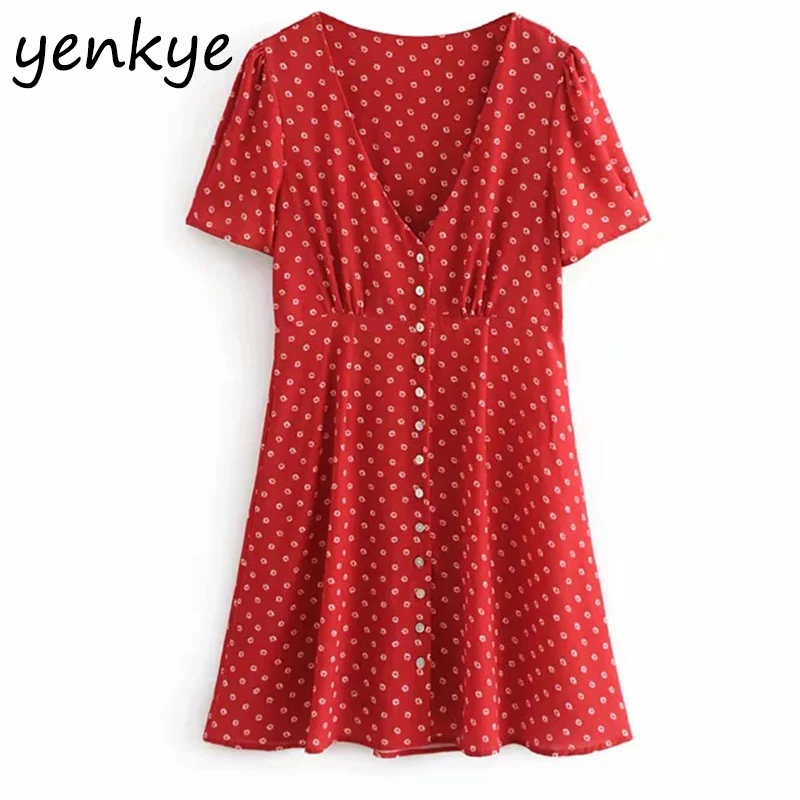 

Women Front Button Floral Printed Red Chiffon Dress Lady V Neck Short Sleeve A-line Slim Short Dress Summer HHWM1554