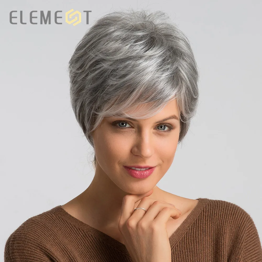 Element 6 дюймов Синтетические серые короткие волосы парик смесь 50% человеческих