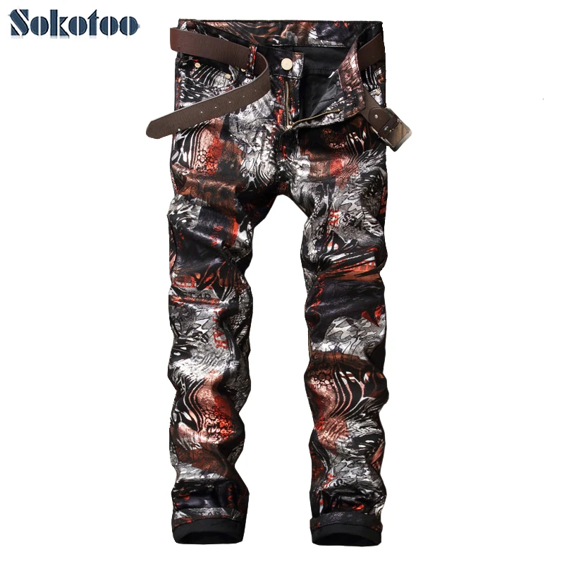 

Sokotoo Men's fashion slim 3D print shinny coated pants Casual painted long trousers