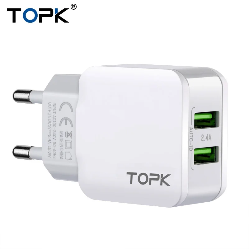 Topk usb зарядное устройство 5 v 2.4a универсальное портативное путешествие стены