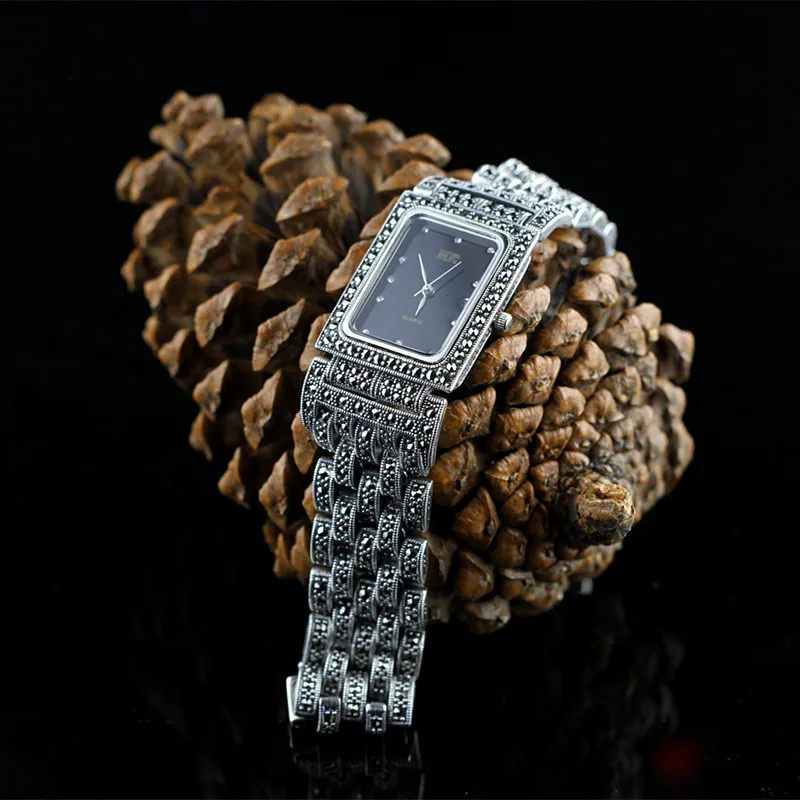 Винтажное Тайское Серебро S925 Стерлинговое серебро ювелирные изделия унисекс для мужчин и женщин Серебряные часы браслет