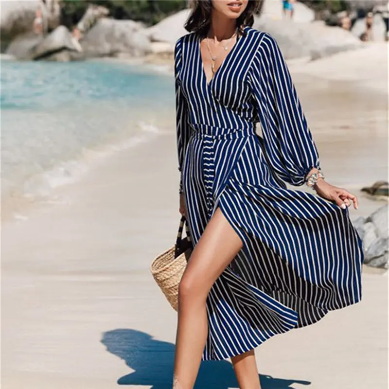 Элегантное синее Полосатое миди платье с разрезом по бокам, Женская туника для пляжа, накидка, саронги, пляжная одежда, купальник, накидка, халат N492 - Цвет: Dark Blue