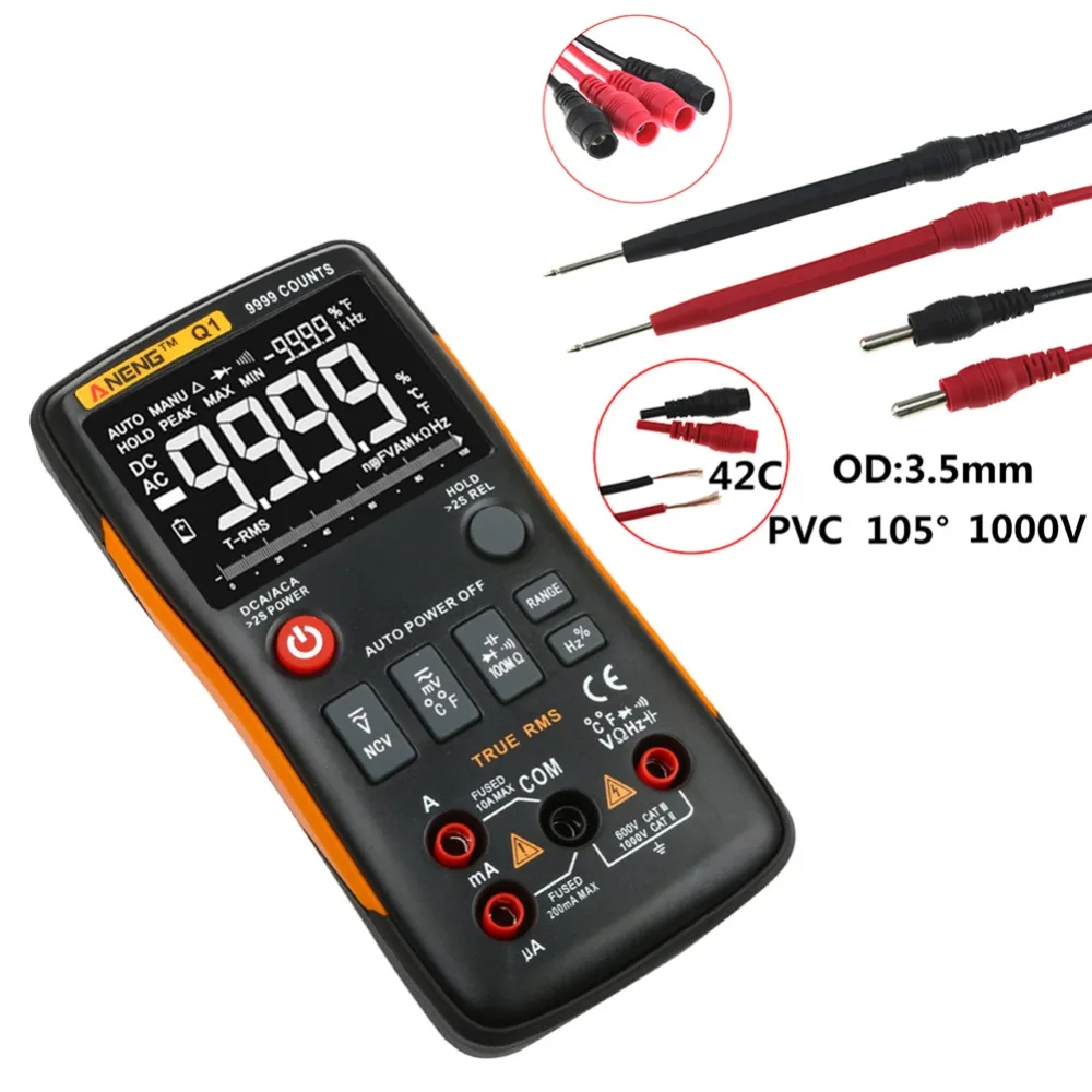 

Portable ANENG Q1 9999 Counts Handheld LCD Digital Multimeter Range AC/DC Volt Capacitance Frequency Temperature Tester #289806