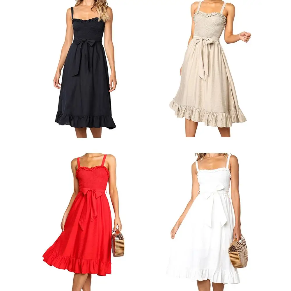 

Slash Pleated Lotu Lace Sleeveless Sashes Knee-Length Women's Bohemian Spaghetti Strap Tie Waist Backless Beach Swing Midi Dress