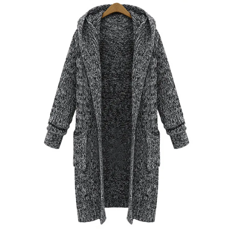 

2018 Europe and America new large size winter sweater coat fat sister loose super long hooded thickening knit cardigan 17180
