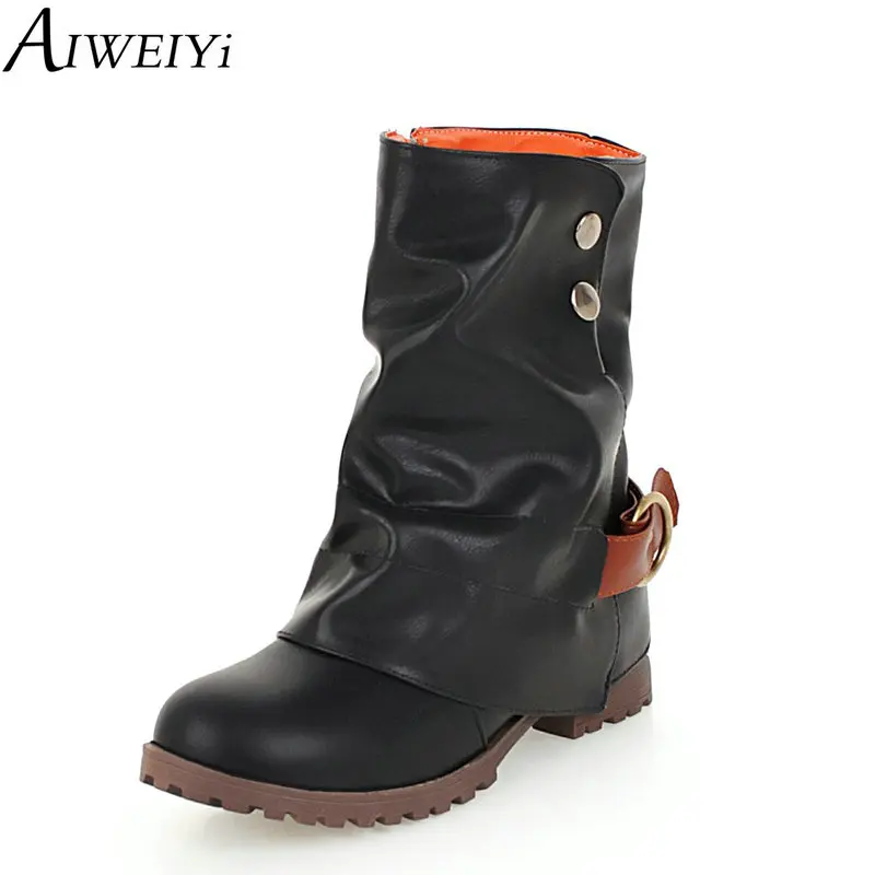 

AIWEIYi Brand Shoes Woman Soft PU Leather Round toe Flat Boots Autumn Winter Half Knee Boots Warm Mid Calf Boots Botas Shoes
