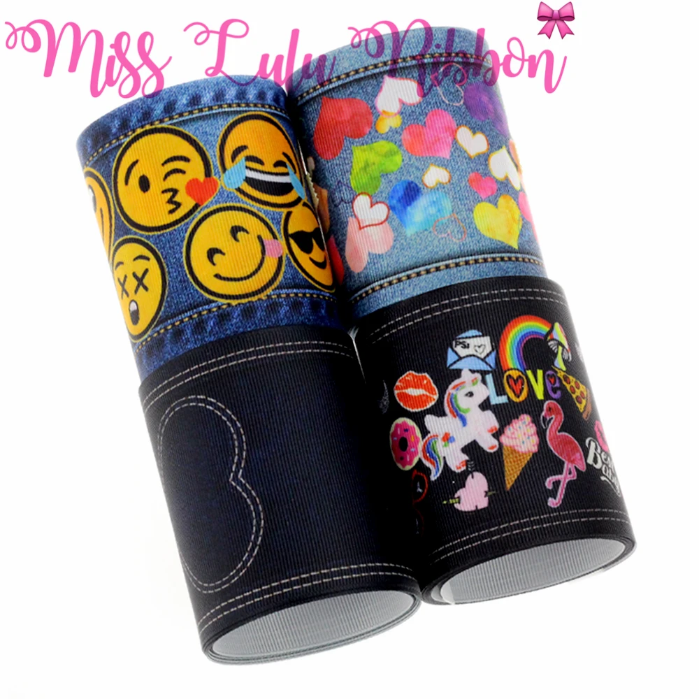 

16mm-75mm Jeans Series Cute Emoji Rainbow Unicorn Printed Grosgrain/Foe Ribbon Sweet Heart Hair Bowknots Making 50yards/roll