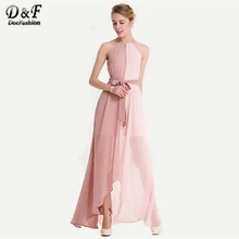 Dotfashion двухцветное шифоновое платье с глубоким подолом, тканый ремешок, летнее платье Макси без рукавов с лямкой на шее, женские розовые вечерние платья с разрезом