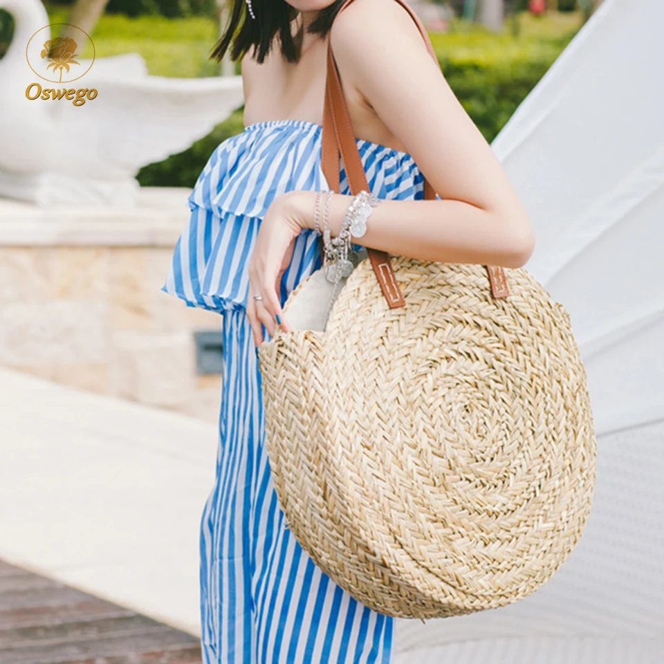 

Oswego Straw Shoulder Bag Large Capacity Hand-knitted Leather Round Woven Rattan Bag Bohemian Summer Vacation Travel Beach Bags
