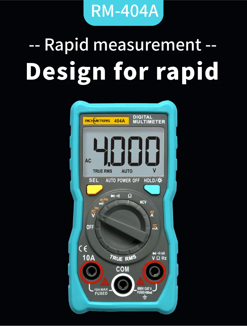 Цифровой мультиметр рихметров 404B с автоматическим диапазоном температуры и истинным среднеквадратичным значением, интеллектуальный NCV 4000 отсчетов, напряжение переменного/постоянного тока, 10 А ток