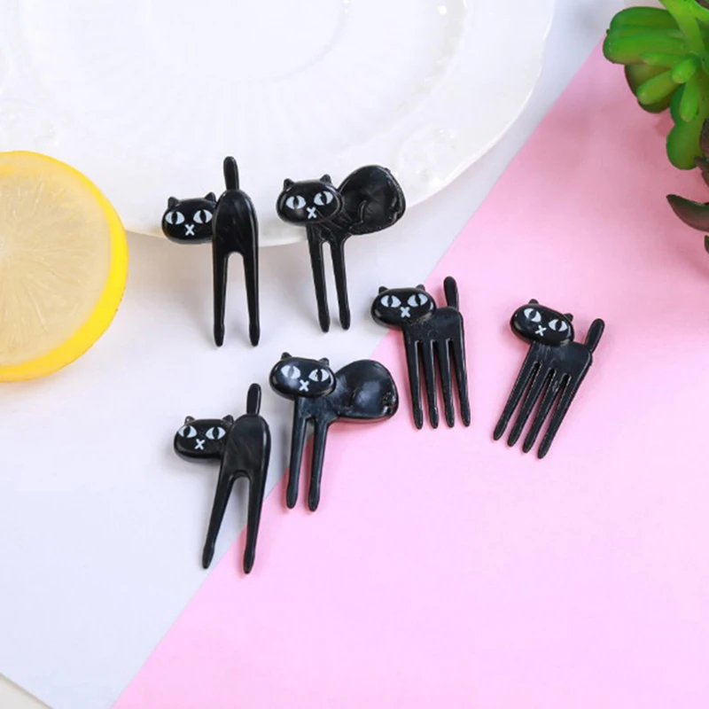 

Cute 6pcs/pack Snack Cake Dessert Food Fork Black Cat Fruit Fork Party Decor Mini Cartoon Toothpick